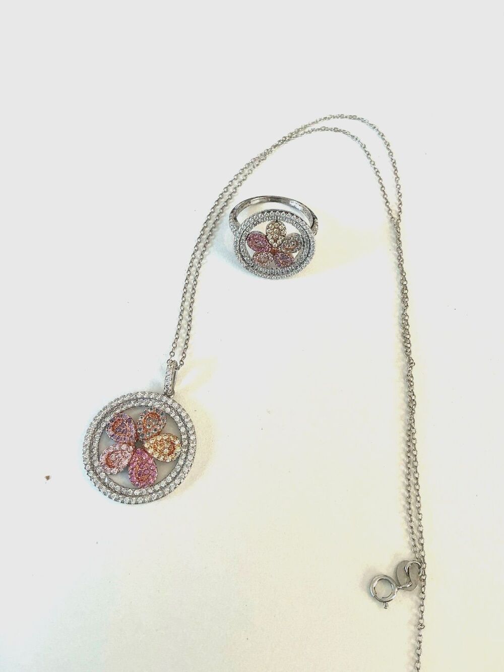 Silver Flower Pendant Necklace and Ring Set